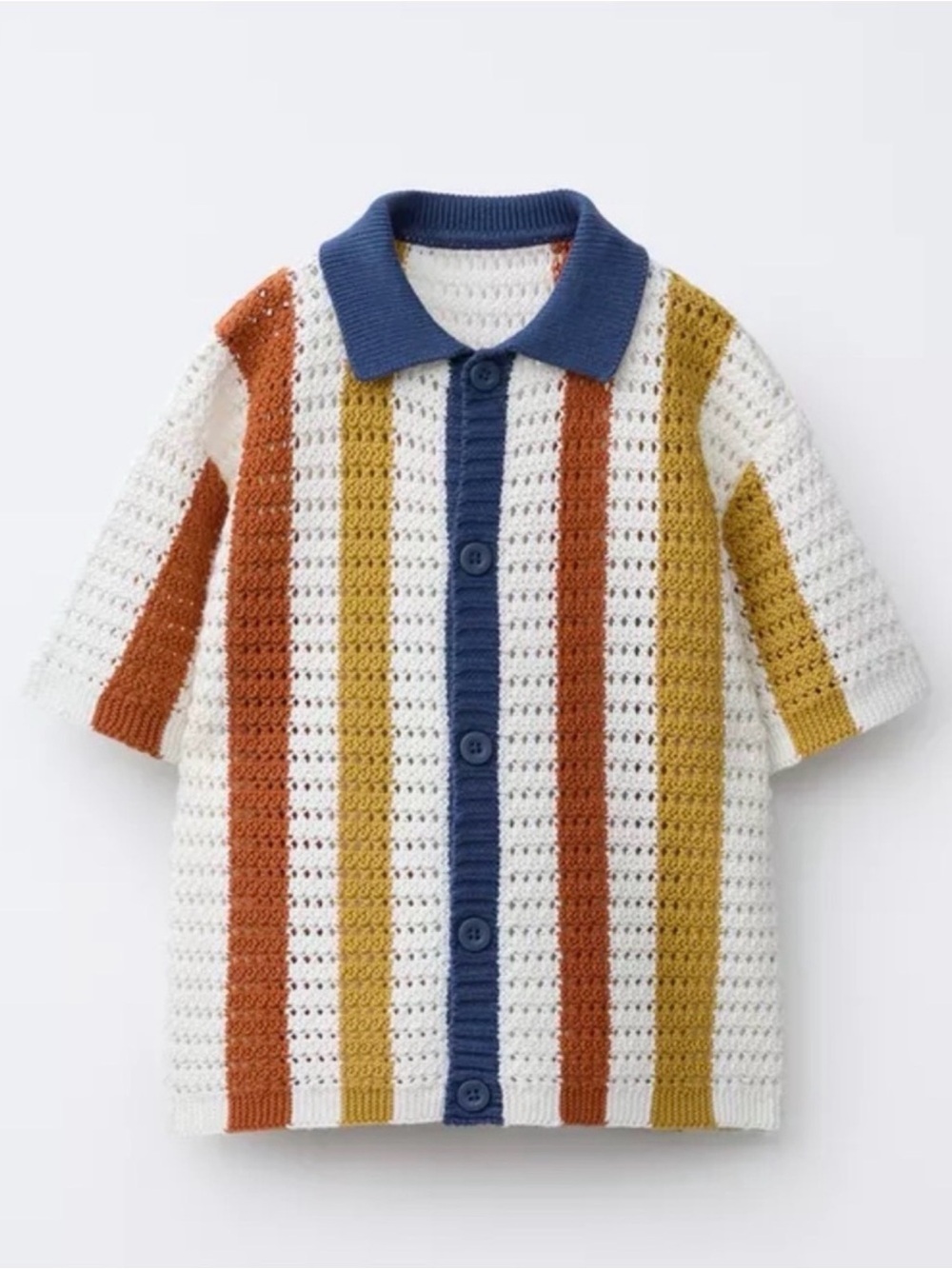 NWT Zara Kids Crochet Striped Shirt - White, Blue, Mustard & Rust 5T